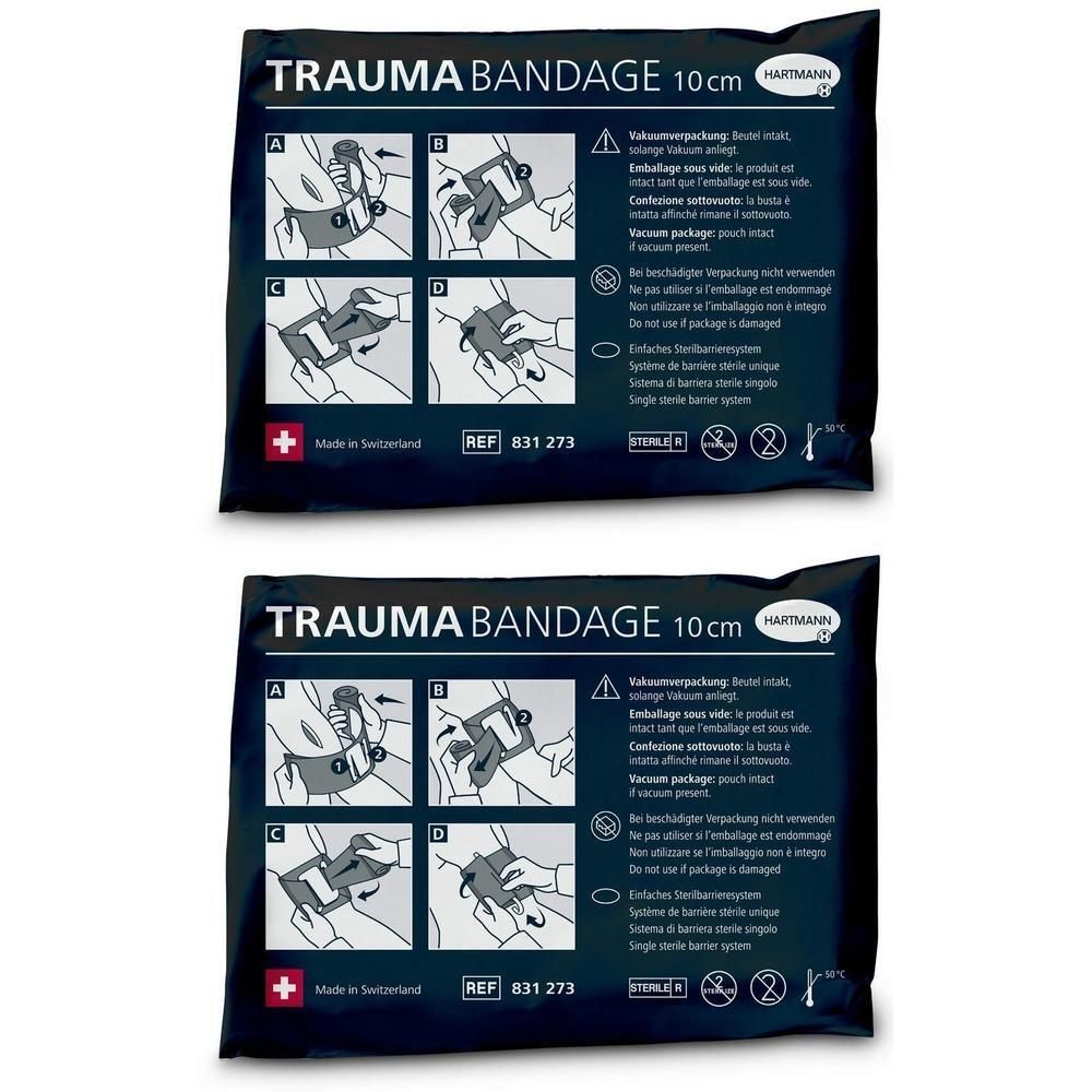 Deux emballages noirs avec « TRAUMA BANDAGE 10 cm ». Illustrations d'application. Marque HARTMANN. Emballage individuel.