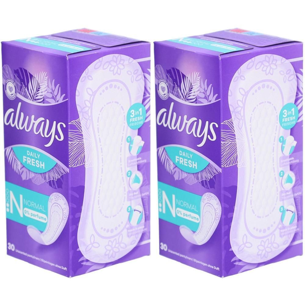 Deux boîtes de protège-slips. Emballage violet avec image de protège-slip blanc. Inscription : always, Daily Fresh, Normal, 0% parfum.
