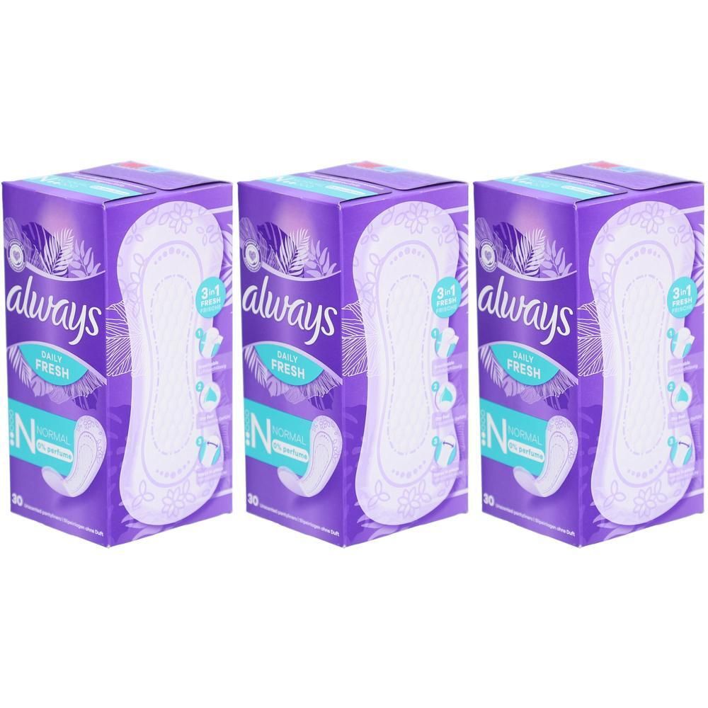 Trois boîtes de protège-slips. Emballage violet avec image de protège-slip blanc. Inscription : always, Daily Fresh, Normal.