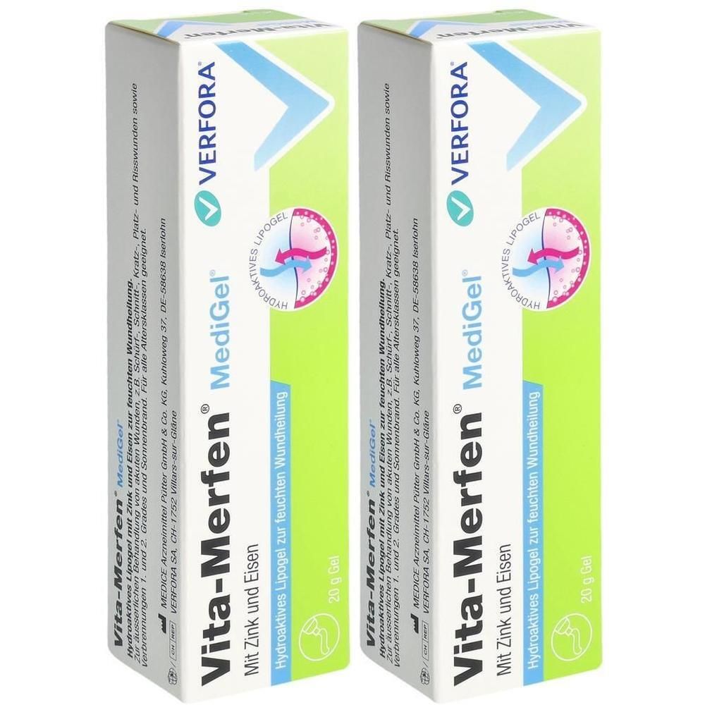 Deux boîtes de Vita-Merfen MediGel. Boîtes blanches avec texte vert et bleu. Contient du zinc et du fer. Lipogel hydroactif pour la cicatrisation.