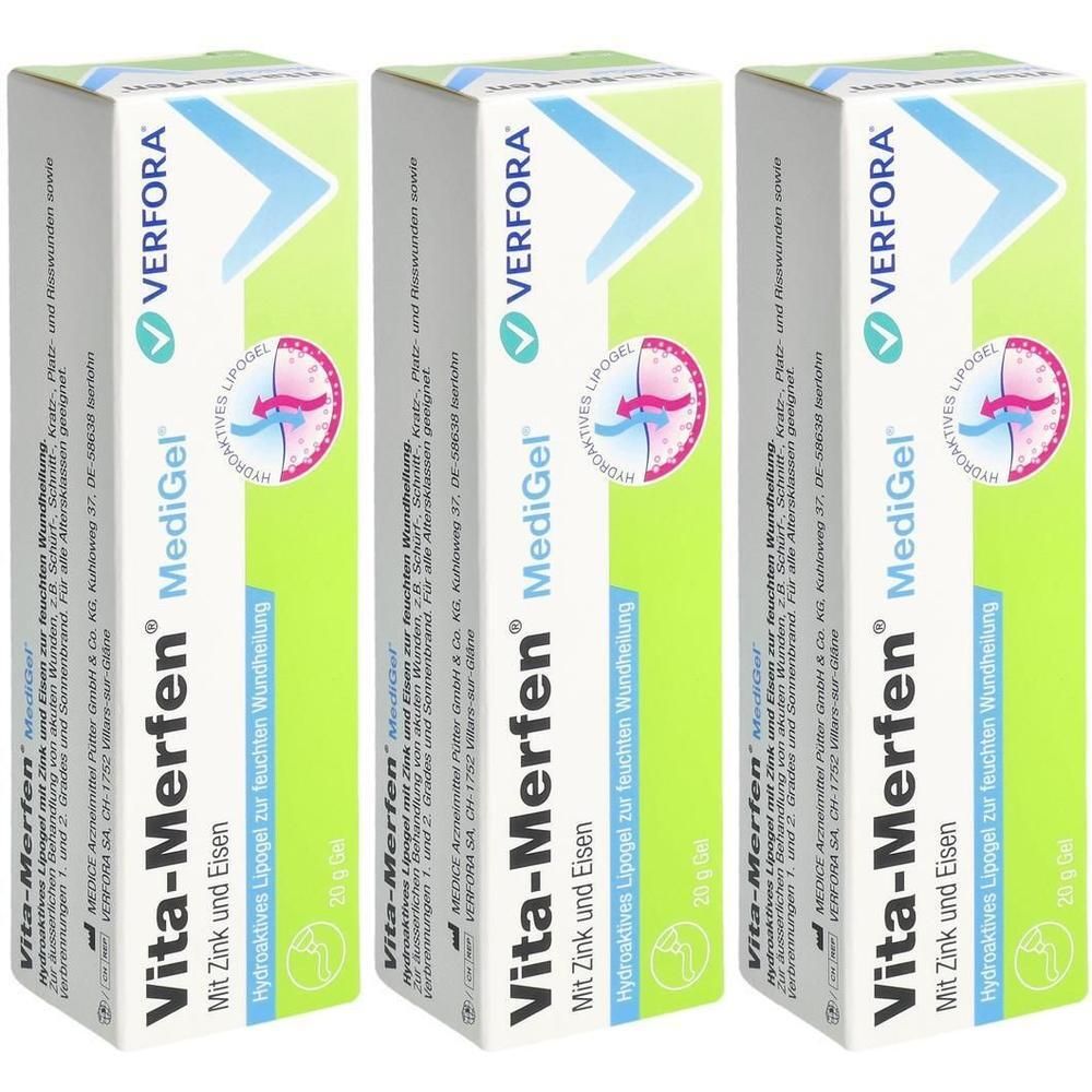 Trois boîtes de Vita-Merfen MediGel. Boîtes blanches avec texte vert et bleu. Contient du zinc et du fer. 20 g de gel.