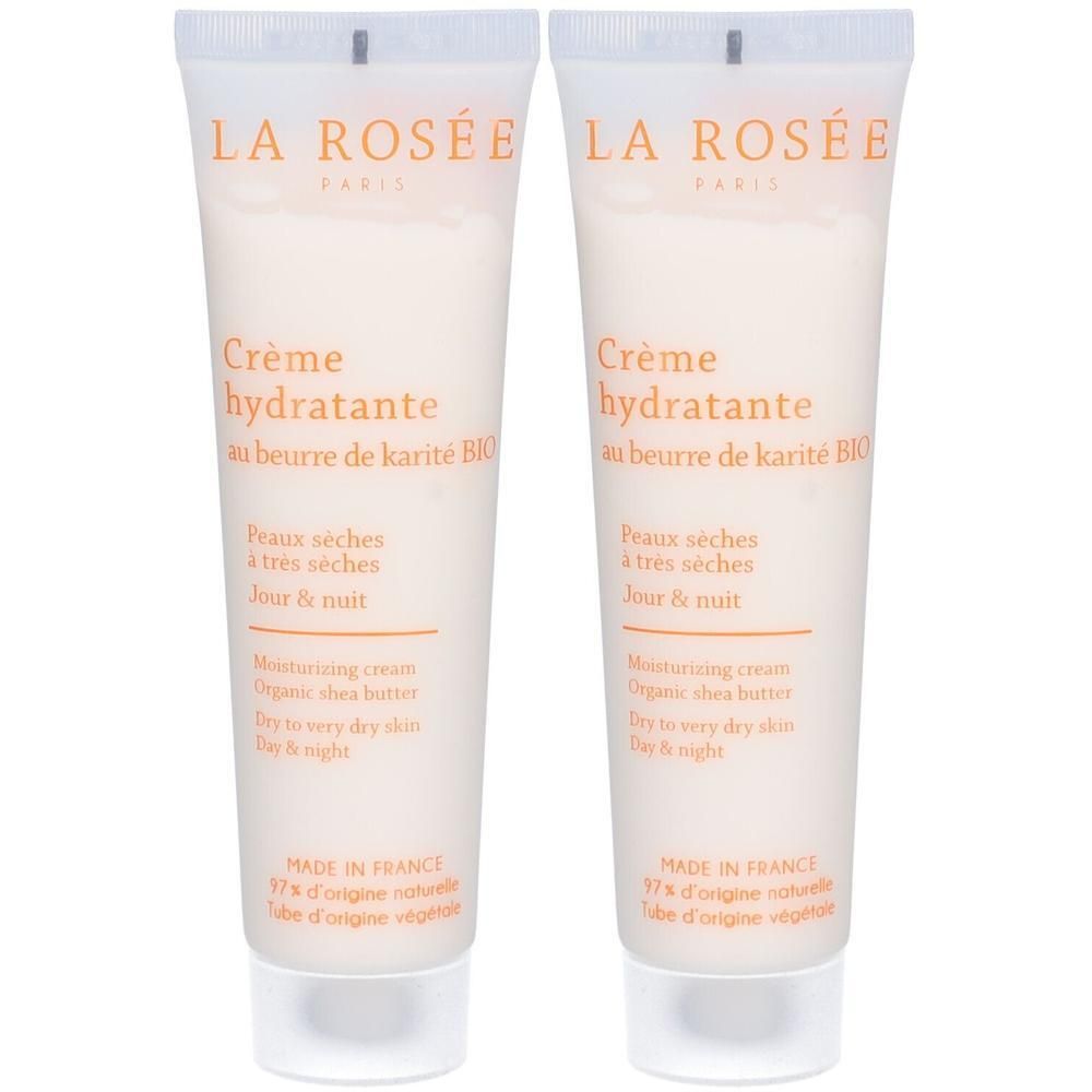 Deux tubes de crème hydratante LA ROSÉE. Inscription: Crème hydratante au beurre de karité BIO. Pour peaux sèches, jour & nuit.