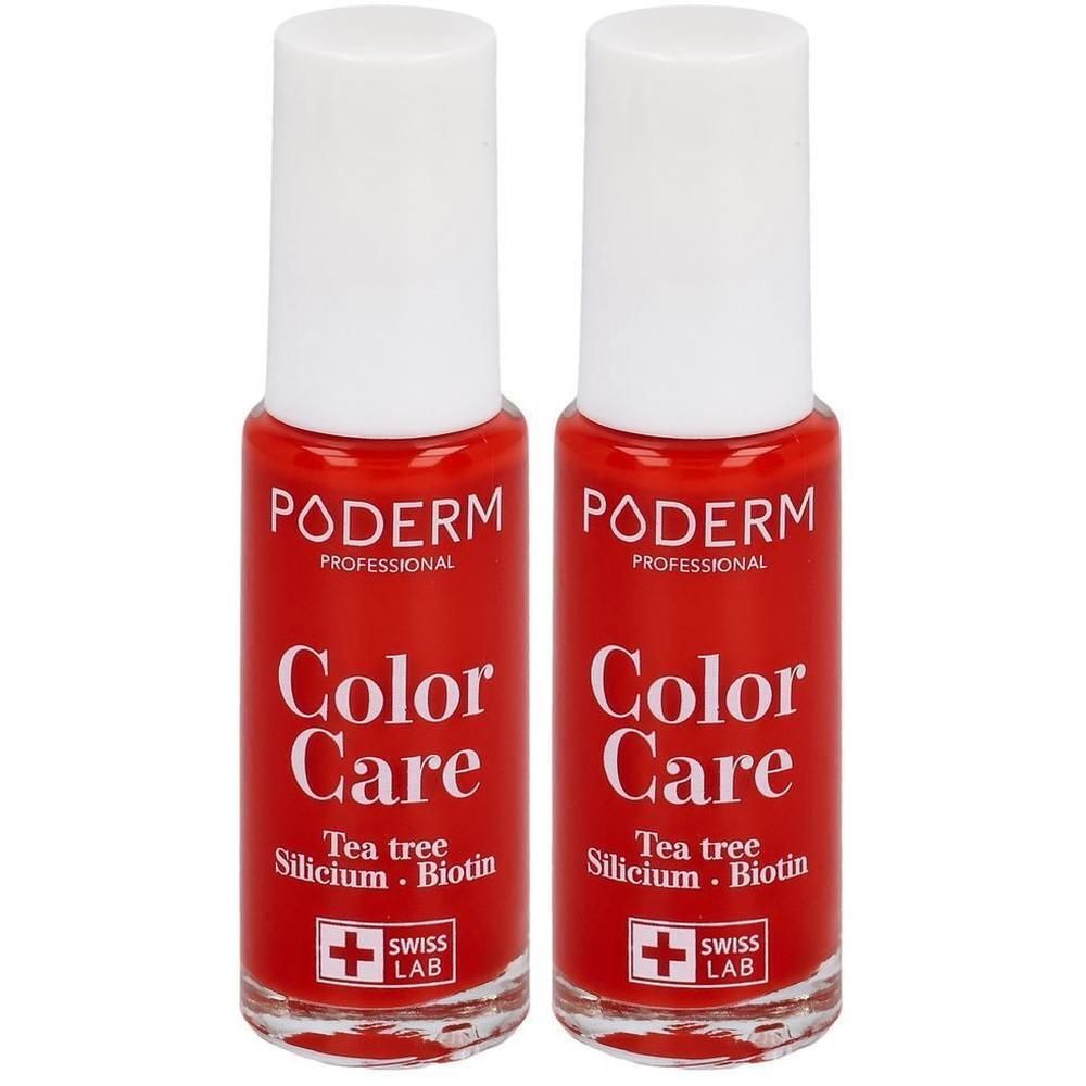 Zwei Flaschen Nagellack. Rote Farbe, weißer Deckel. Aufschrift: PODERM Color Care, Swiss Lab.