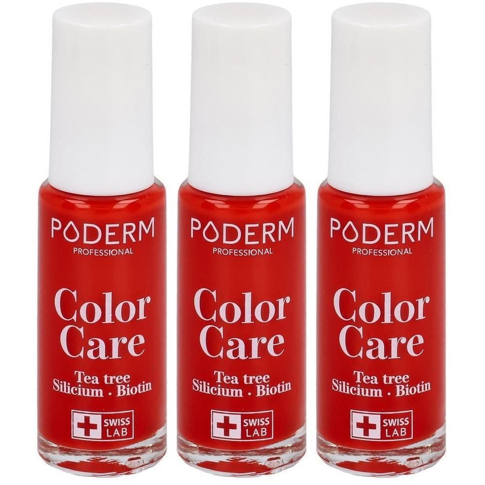 Drei Flakons roter Nagellacke. Auf jedem steht PODERM PROFESSIONAL Color Care, Tea tree, Silicium, Biotin und Swiss Lab.