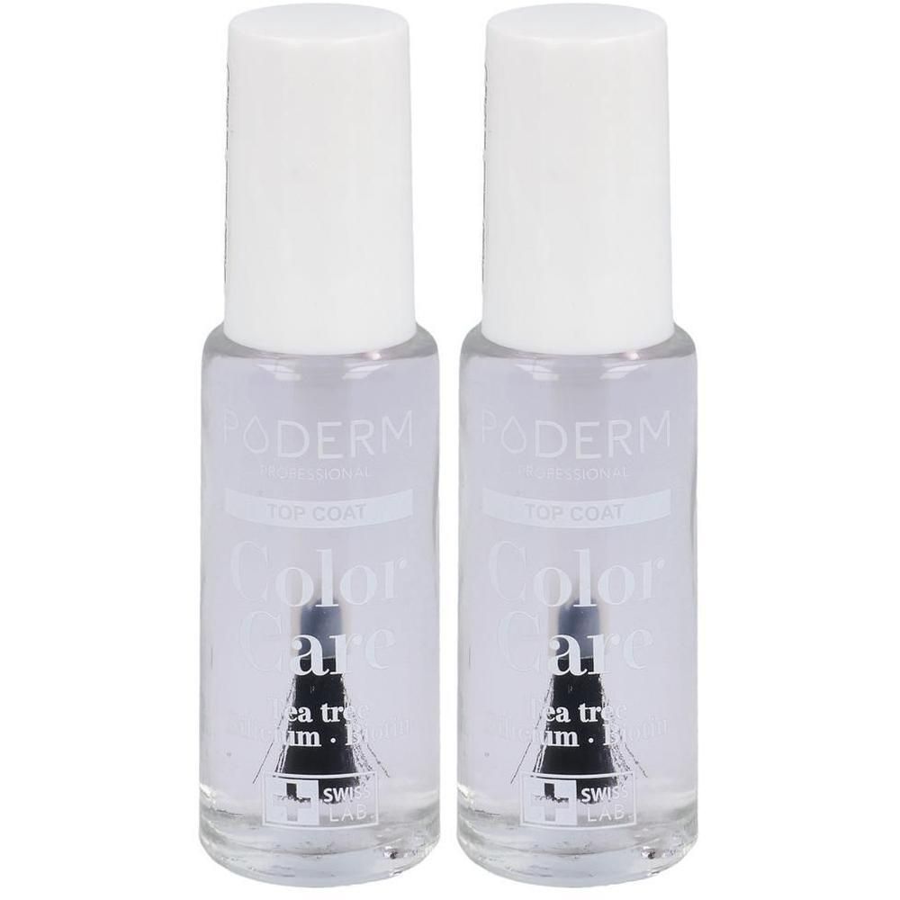 Zwei Flaschen mit weißem Deckel. Aufschrift PODERM TOP COAT Color Care. Klare Flüssigkeit mit Pinsel. Schweizer Qualität.