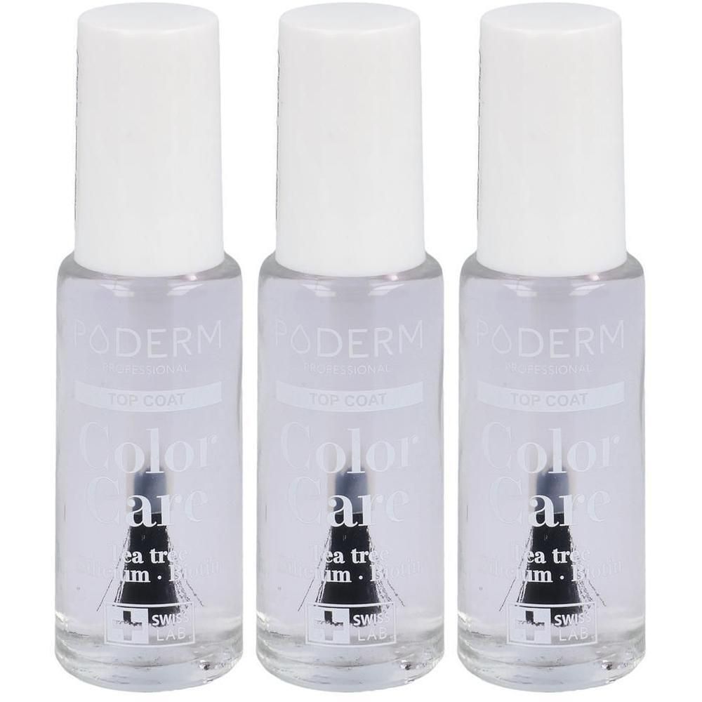 Drei Flaschen mit weißem Deckel. Auf jeder Flasche steht PODERM, TOP COAT und Color care. Schwarzer Pinsel sichtbar.