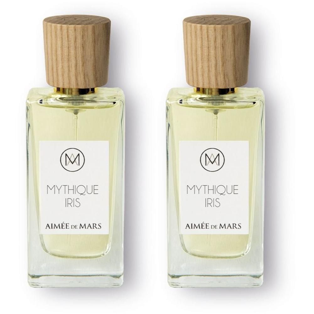Zwei rechteckige Glasflakons mit Holzdeckeln. Aufkleber mit Text: Mythique Iris, Aimée de Mars. Goldfarbene Details.