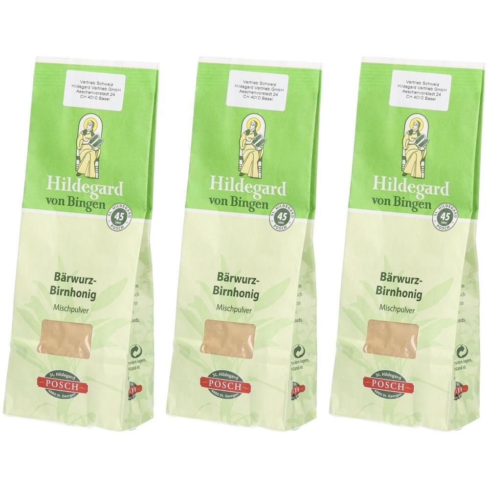 Trois sachets vert et blanc. Inscription: Hildegard von Bingen, Bärwurz-Birnhonig Mischpulver. Logo POSCH.