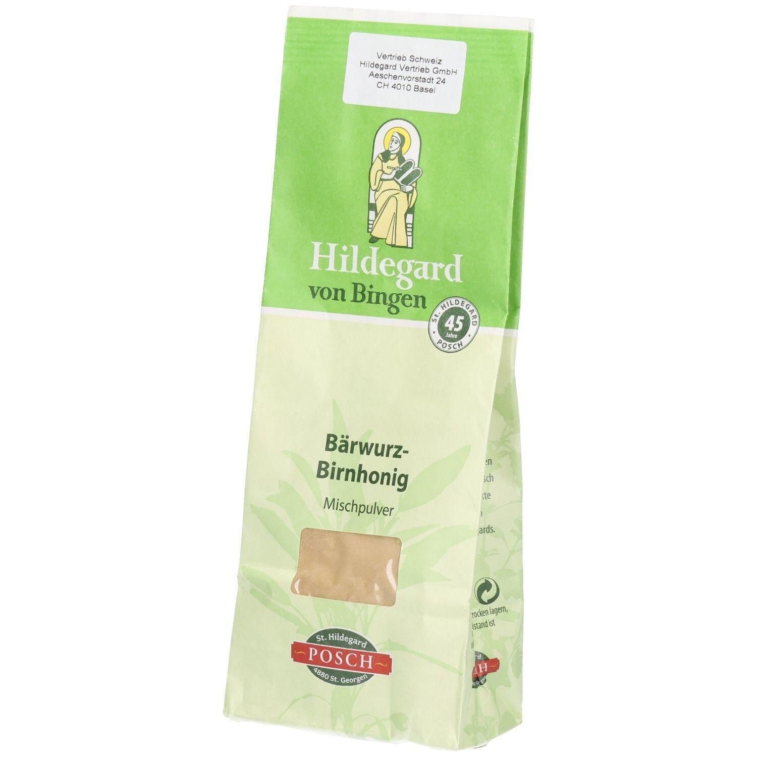 Sachet vert avec nom et logo du produit. Fenêtre transparente montrant le contenu. Texte: Hildegard von Bingen, Bärwurz-Birnhonig Mischpulver. Marque POSCH.