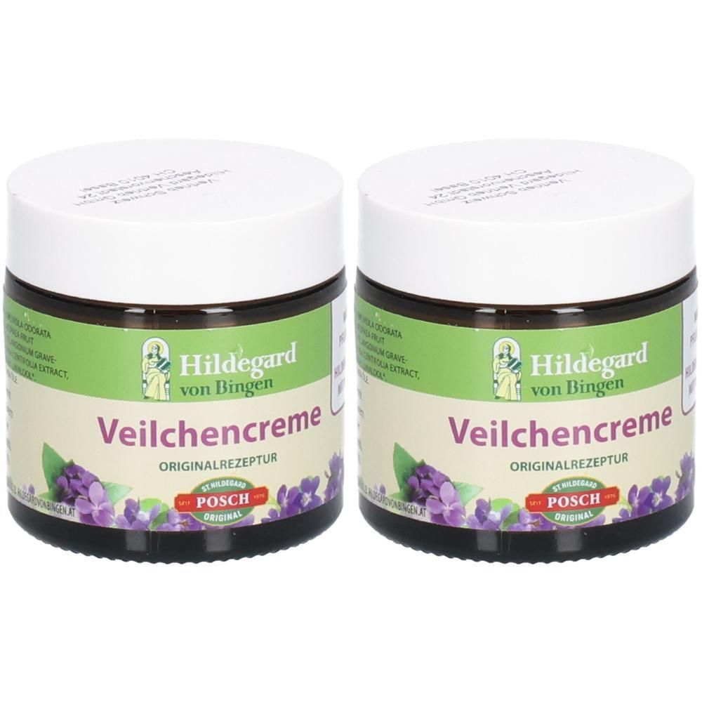 Zwei Tiegel Veilchencreme mit weißem Deckel. Aufschrift: Hildegard von Bingen, Veilchencreme, Originalrezeptur, POSCH.