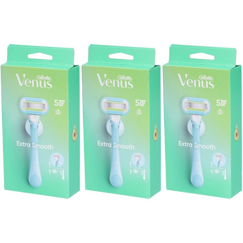 Drei Rasierer in Verpackungen. Marke: Gillette Venus. Hellblaue Griffe, grüne Verpackung. Aufschrift: Extra Smooth.