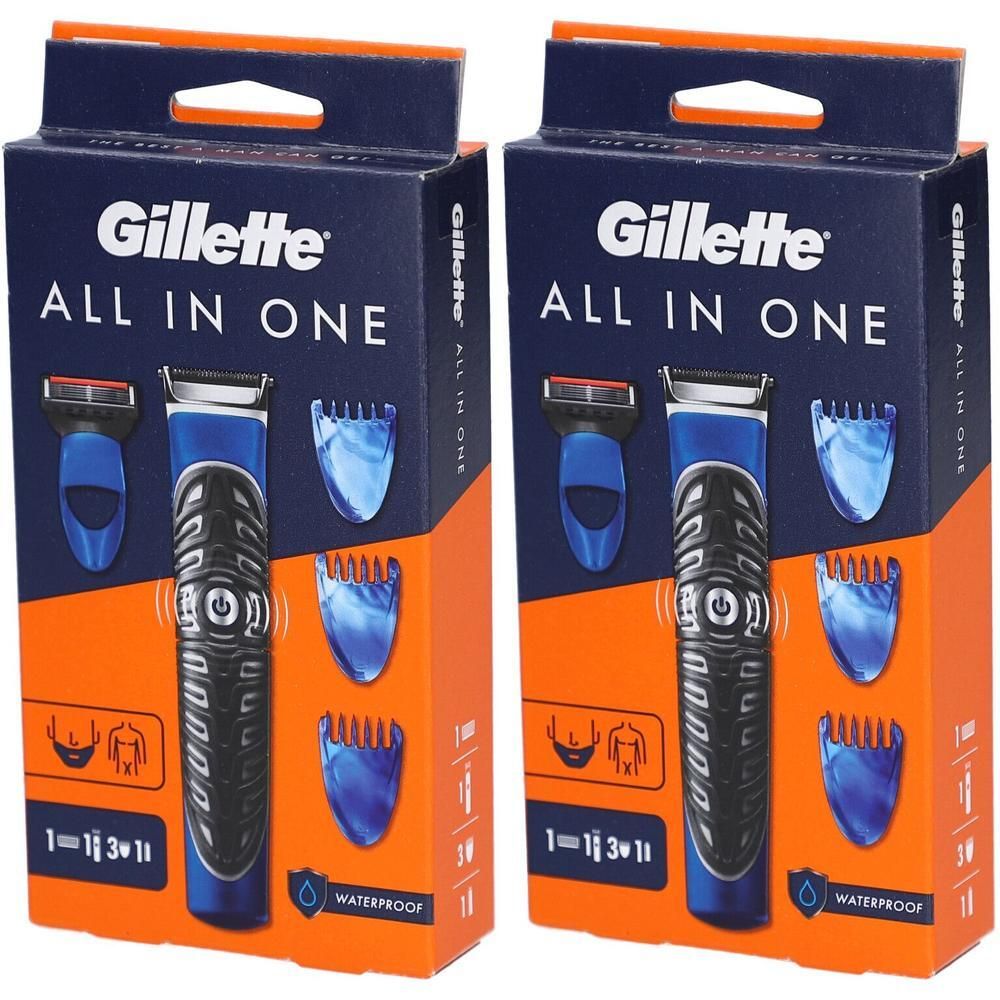 Zwei Verpackungen mit Rasierer. Aufschrift Gillette All in One. Enthalten Rasierer, Trimmeraufsätze und Bedienfeld. Wasserdicht.