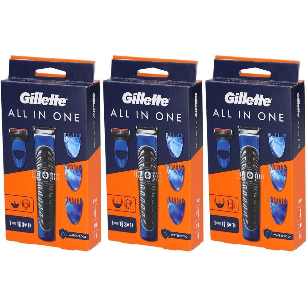 Drei Packungen Rasierer. Blaue und schwarze Rasierer-Illustrationen auf Verpackung. Marke: Gillette All in One. Orangefarbener Hintergrund.