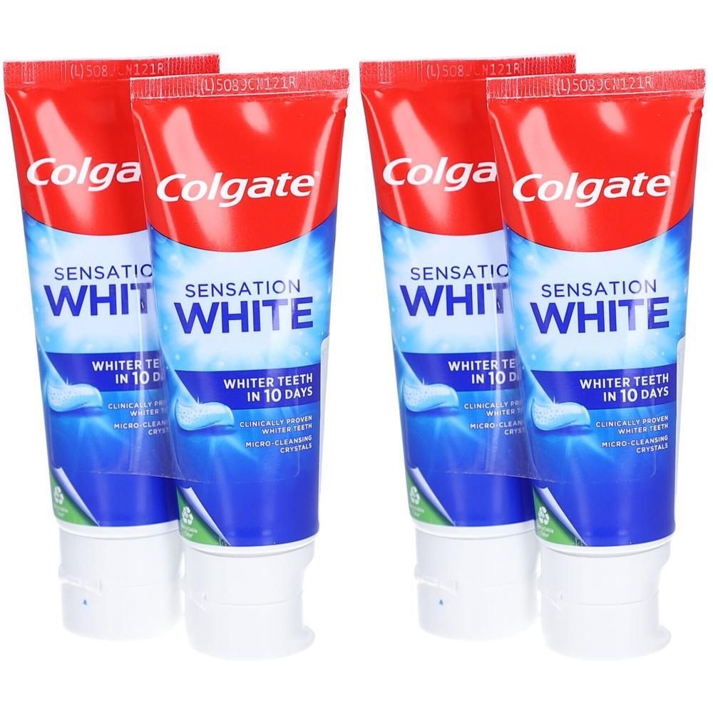 Vier Tuben Zahnpasta. Rote und blaue Verpackung. Aufschrift: Colgate Sensation White. Enthält Text: Whiter Teeth in 10 Days.