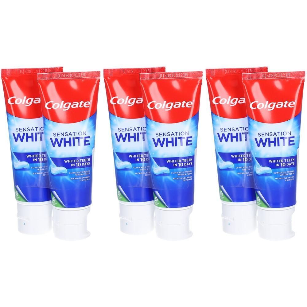 Plusieurs tubes de dentifrice. Bouchons rouges, tubes bleus et blancs avec texte. Inscription : Colgate Sensation White. Plusieurs paquets.