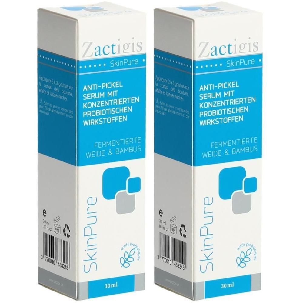 Zwei Kartons SkinPure Anti-Pickel Serum. Blaue und weiße Verpackung mit Produktinformationen und Logo. 30ml.