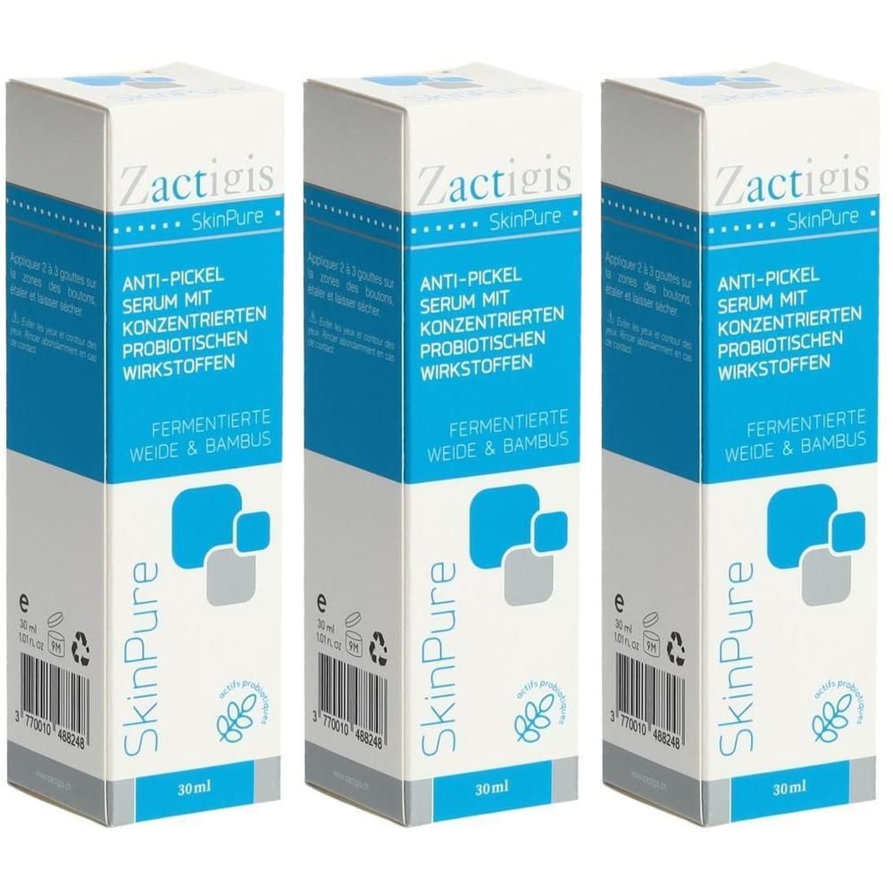 Trois boîtes de sérum anti-boutons Zactigis SkinPure. Emballage bleu et blanc avec informations et logo. 30ml.