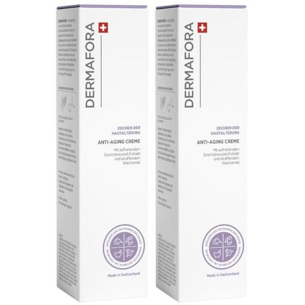 Deux boîtes blanches DERMAFORA Anti-âge. Croix suisse. Logos violets ronds. Fabriqué en Suisse. Texte en allemand.