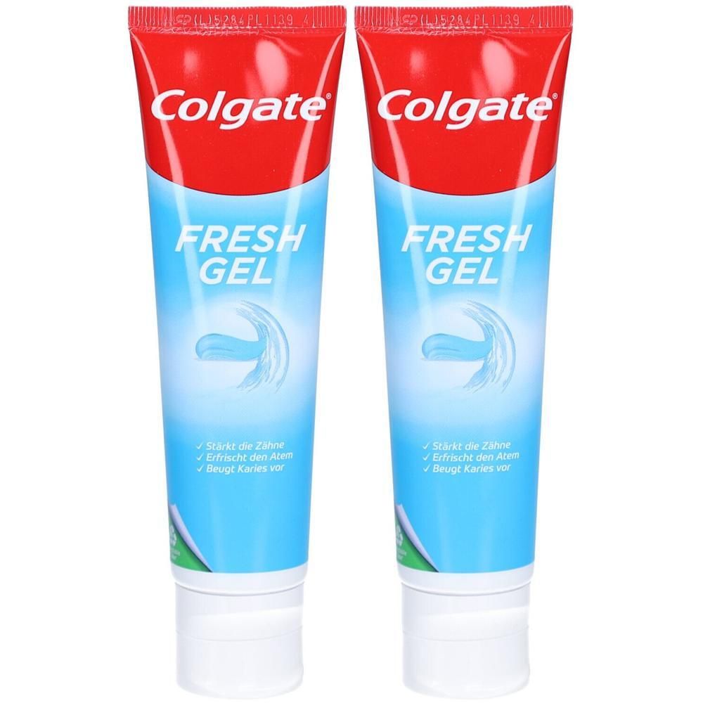 Zwei Tuben Zahnpasta mit rotem Deckel und blauem Gel. Aufschrift: Colgate, Fresh Gel. Enthält Text in deutscher Sprache.