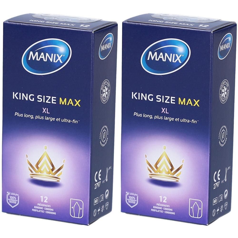 Deux boîtes de préservatifs. Inscription: MANIX, KING SIZE MAX XL. 12 pièces. Marquage CE.