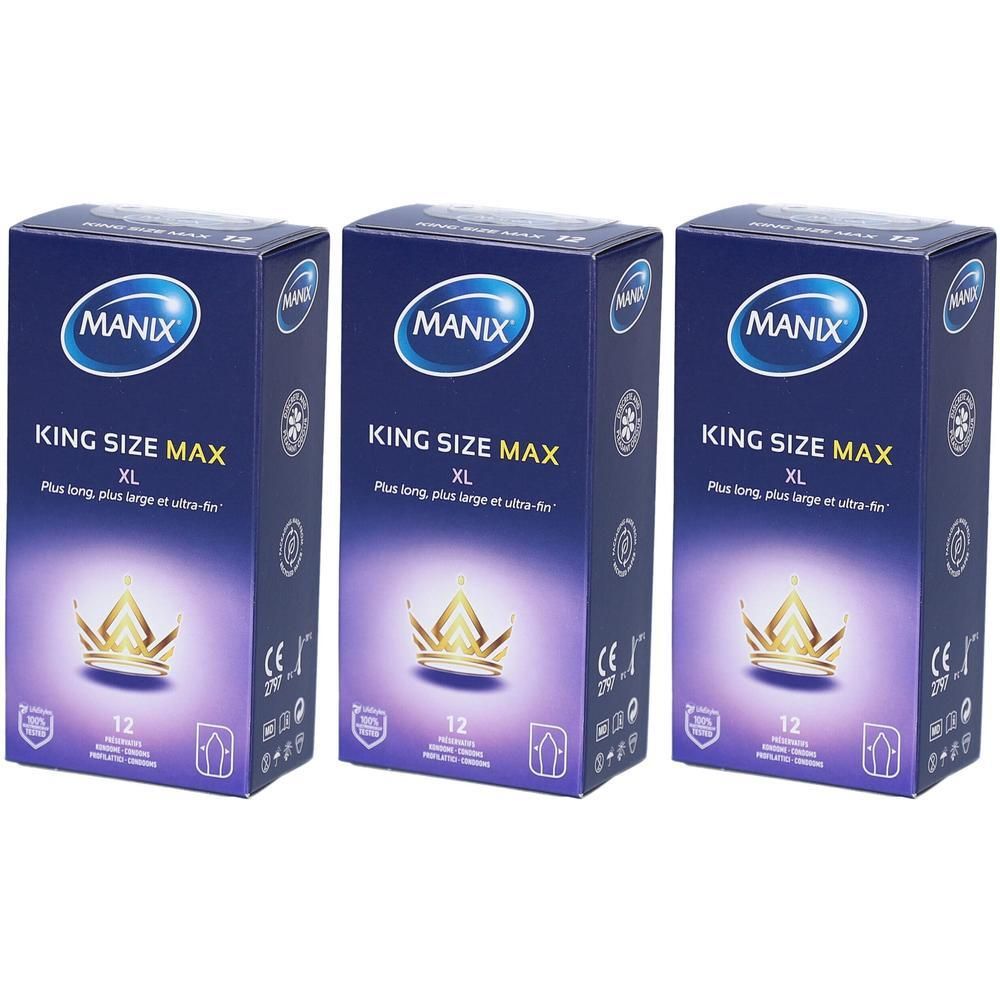 Trois boîtes de préservatifs. Inscription: MANIX King Size Max XL. Image d'une couronne. Paquet de 12 pièces.