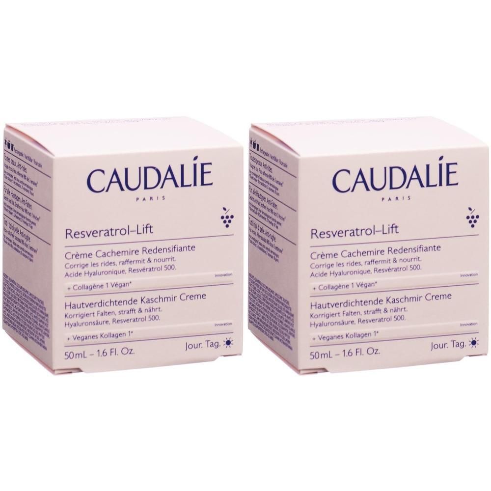 Deux boîtes blanches CAUDALIE Resveratrol-Lift. Texte en français et allemand. 50ml-1.6 Fl. Oz.