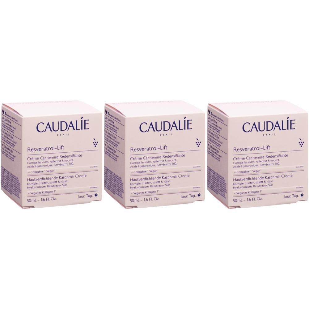 Trois boîtes carrées. Inscription: CAUDALIE Resveratrol-Lift Crème Cachemire Redensifiante. 50ml.