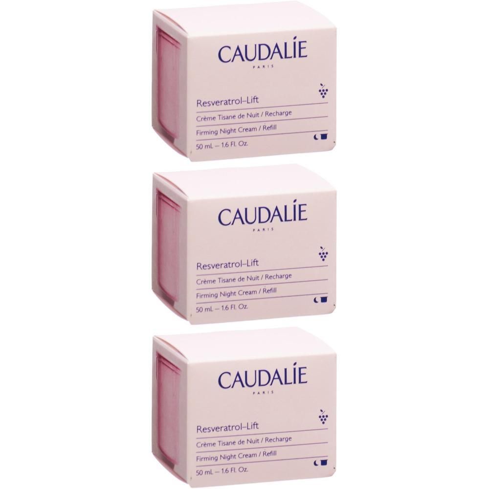 Trois boîtes blanches avec accents roses. Chaque boîte porte le nom CAUDALIE et Resveratrol-Lift. Texte en français et en anglais.