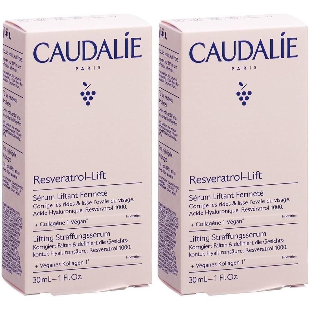 Zwei identische Kartons mit CAUDALIE Resveratrol-Lift Serum. Weiß mit blauer Schrift und Trauben-Logo. Text: Sérum Liftant Fermeté, Lifting Straffungsserum.