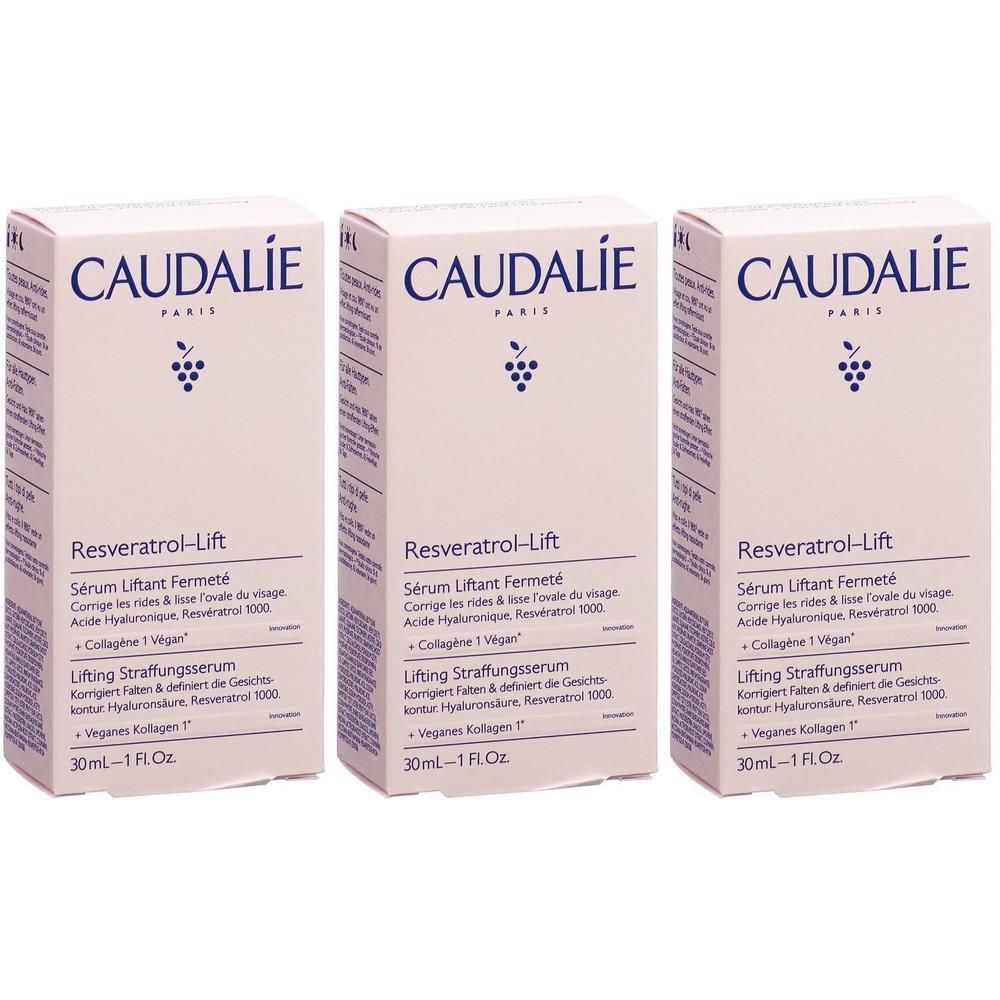Drei Kartons mit Produkttext. Aufschrift: CAUDALIE, Resveratrol-Lift, Sérum Liftant Fermeté. 30ml.