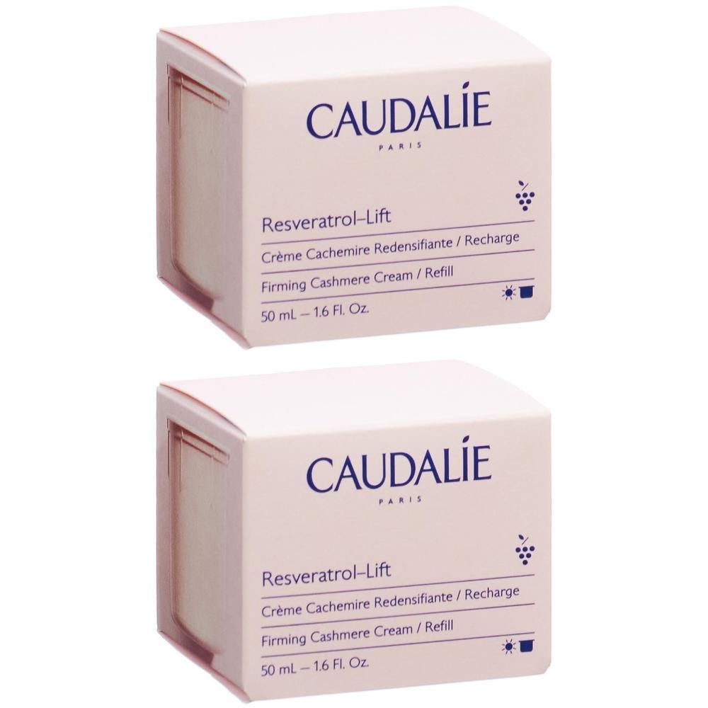 Deux boîtes carrées. Inscription: CAUDALIE, Resveratrol-Lift, Crème Cachemire Redensifiante, Firming Cashmere Cream, 50 ml.