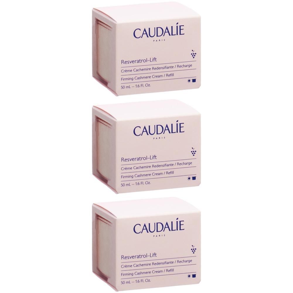 Trois boîtes crème. Inscription CAUDALIE, Resveratrol-Lift, Crème, 50 ml. Emballage produit visible.