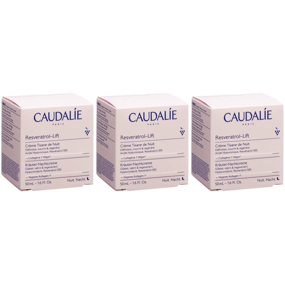 Trois boîtes blanches avec texte. Marque CAUDALIE, Resveratrol-Lift, Crème Tisane de Nuit. Contenance 50ml.