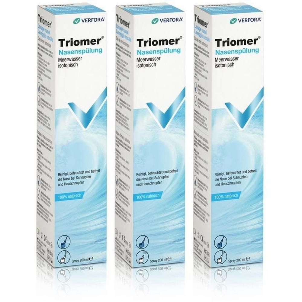 Trois boîtes de Triomer Nasenspülung. Inscription: Meerwasser isotonisch. Graphique de vagues bleues. 100% naturel.
