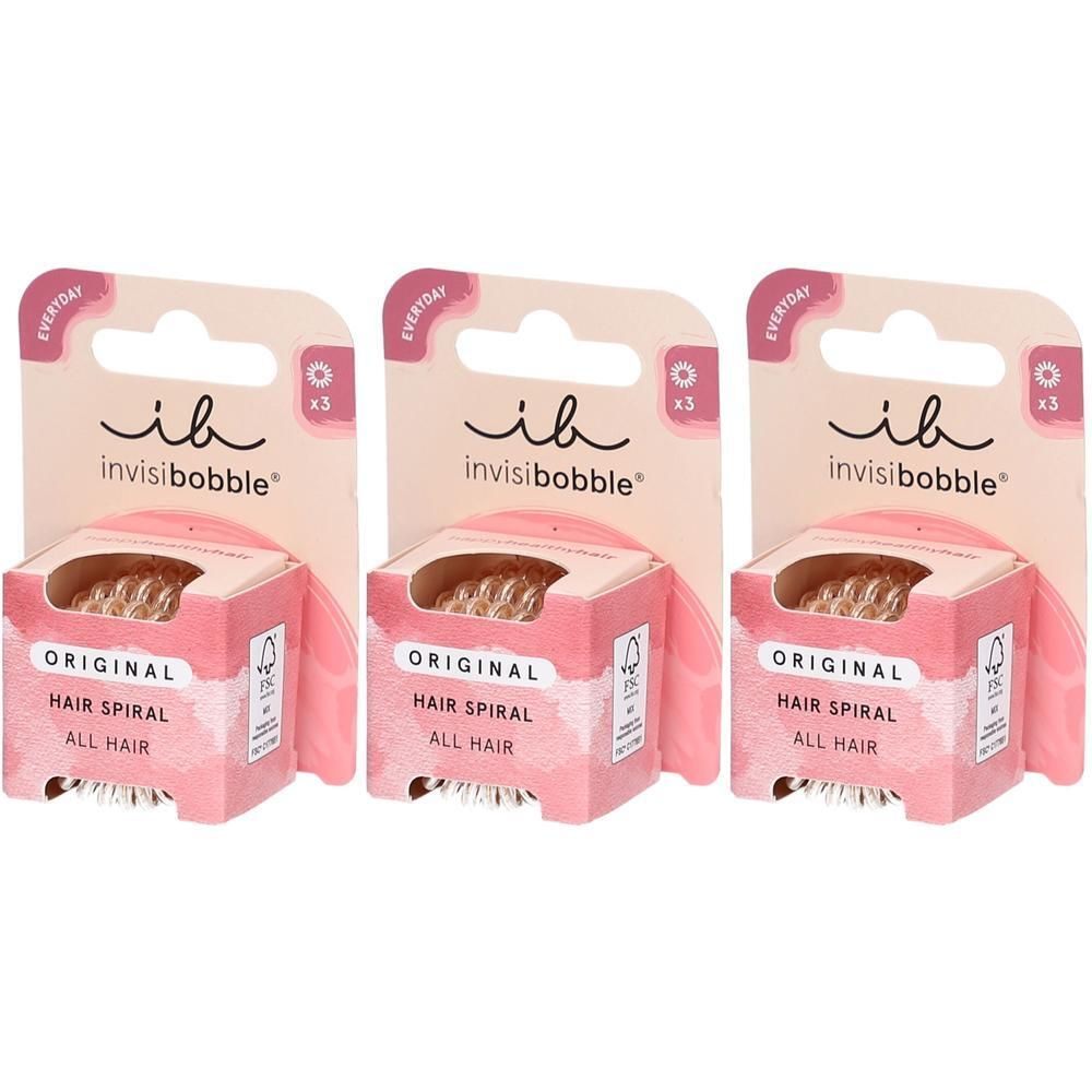 Trois élastiques à cheveux Invisibobble Original, emballage rose. Forme spirale, pour tous types de cheveux.