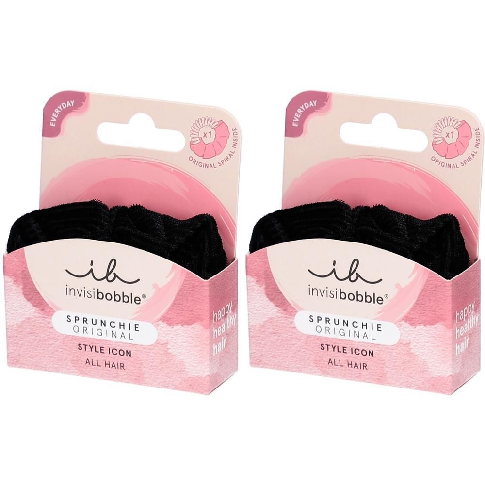 Deux chouchous Invisibobble Sprunchie Original noirs, avec spirale intérieure, pour tous types de cheveux.