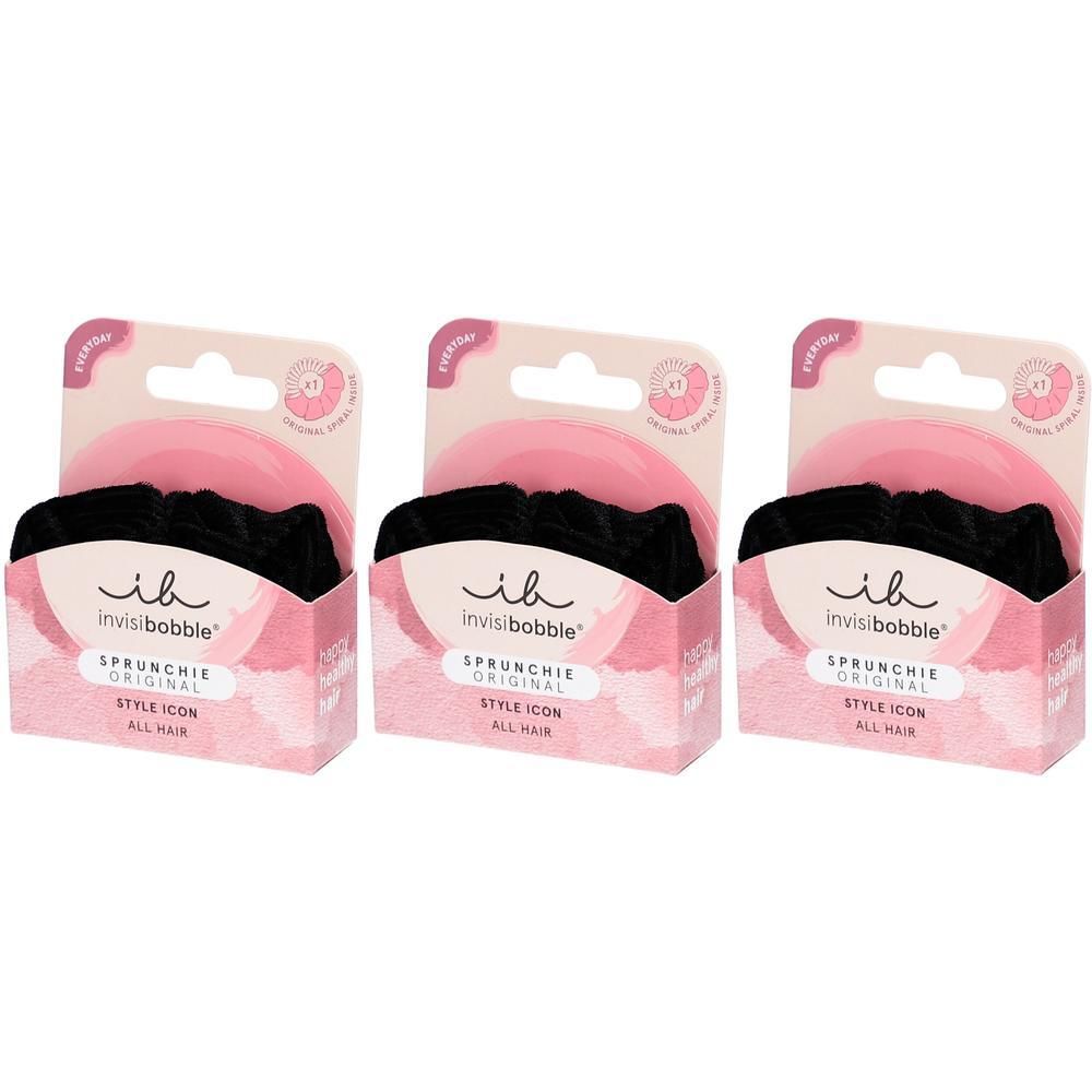 Drei Invisibobble Sprunchie Original Haargummis in Schwarz, verpackt.