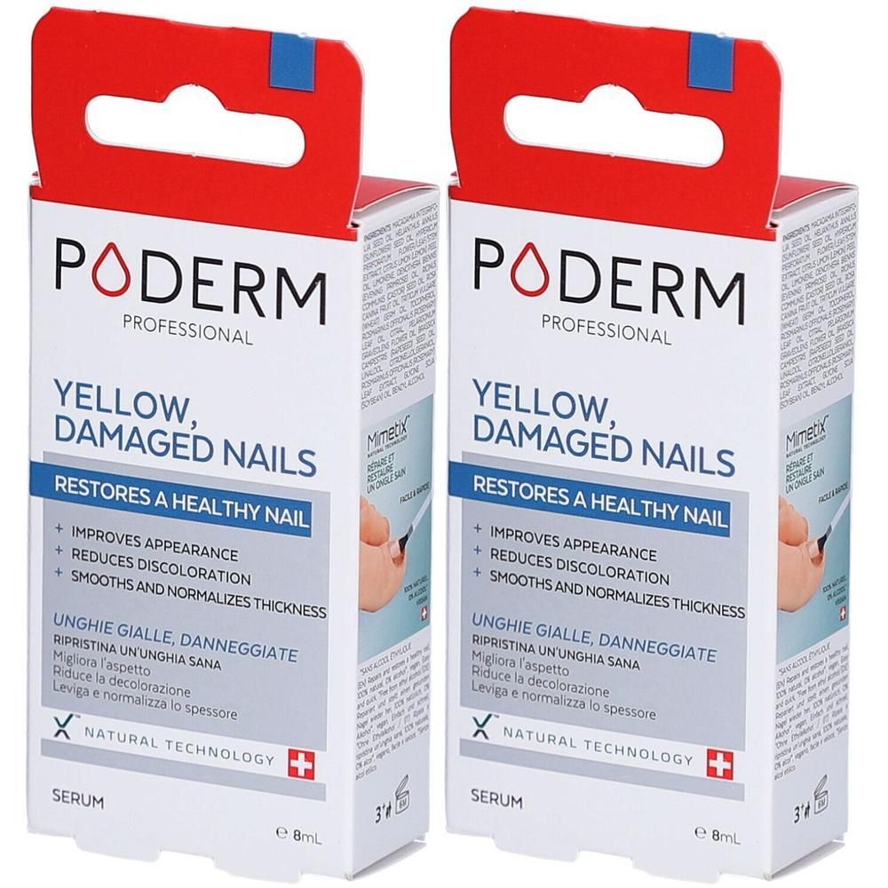 Deux boîtes de sérum pour ongles jaunes et abîmés. Inscription : PODERM PROFESSIONAL. Contient des informations sur l'amélioration de l'apparence.