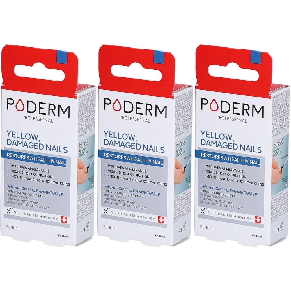 Drei Schachteln PODERM PROFESSIONAL Serum für gelbe, beschädigte Nägel. Weiße Verpackung mit roter und blauer Aufschrift.