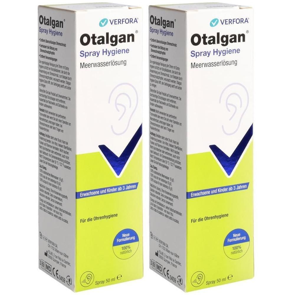 Deux boîtes de spray Otalgan Hygiene. Emballage blanc avec des accents verts et bleus. Texte : Spray Hygiene, solution d'eau de mer.