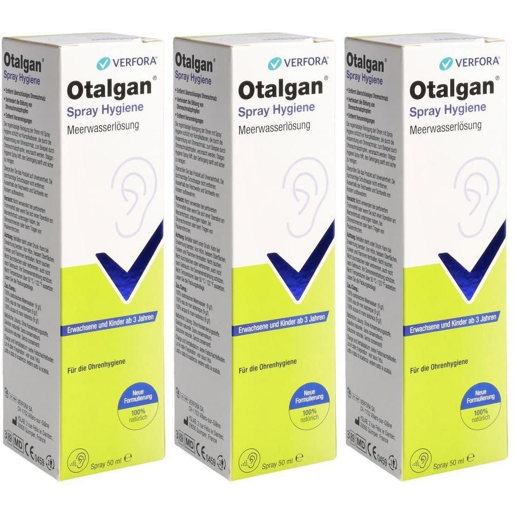 Trois boîtes de spray Otalgan Hygiene. Emballage blanc avec éléments verts et bleus. Inscription : Solution d'eau de mer.