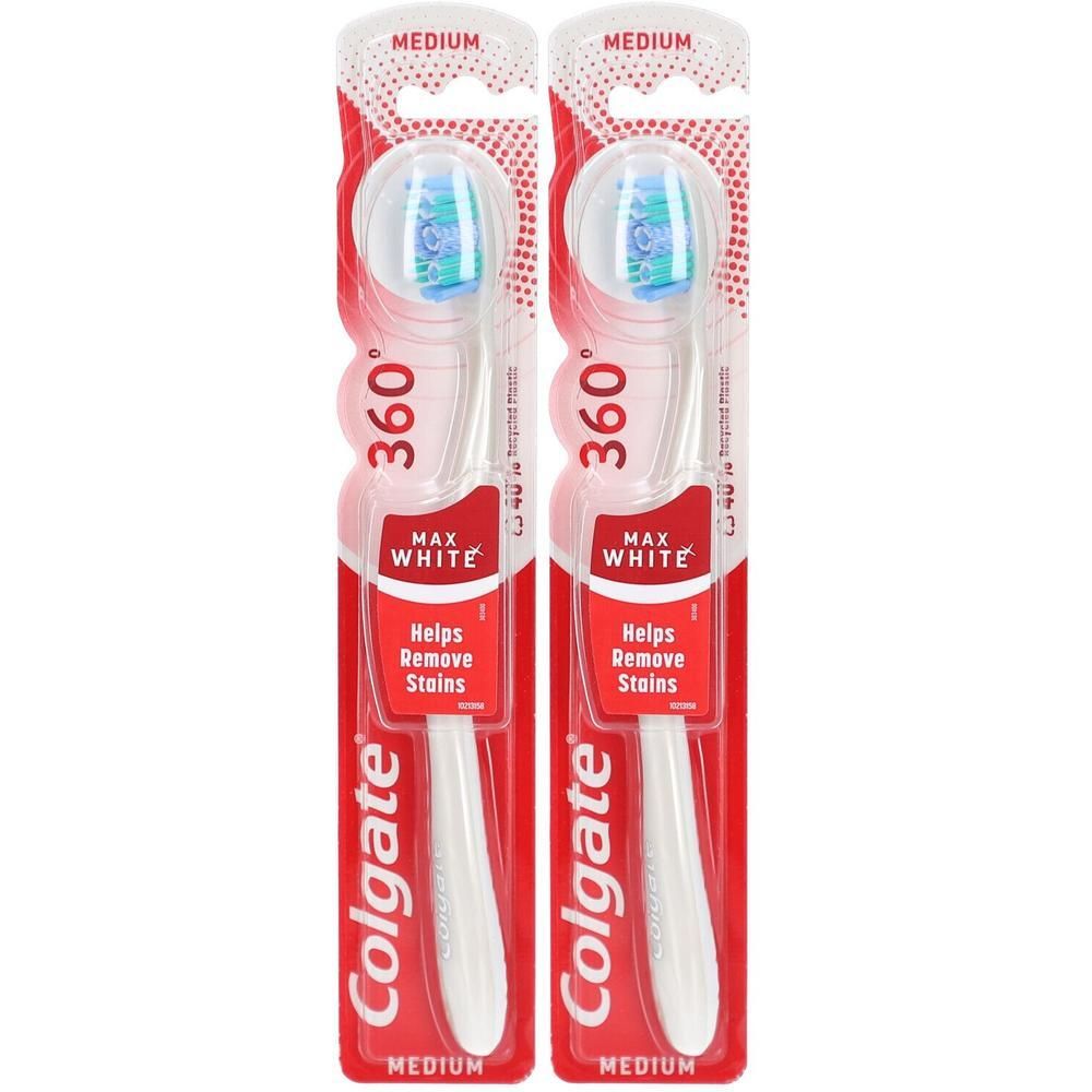 Zwei weiße Zahnbürsten in roter Verpackung. Aufschrift: Colgate, 360°, Max White, Medium. Entfernt Flecken.