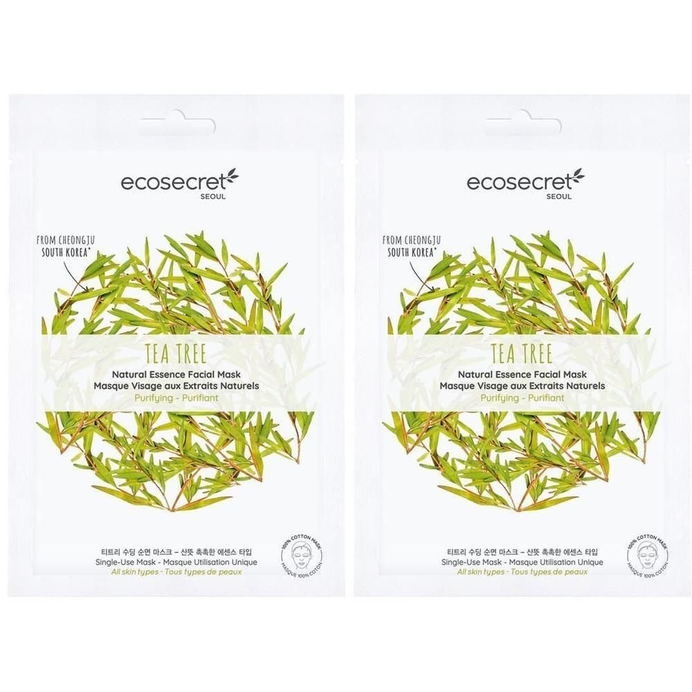 Zwei weiße Beutel mit grünen Blättern und Text. Aufschrift: Tea Tree, Natural Essence Facial Mask. Marke: ecosecret.