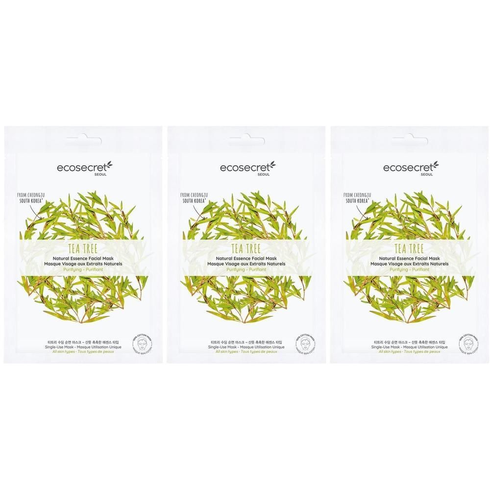 Drei weiße Beutel mit Gesichtsmasken. Aufdruck: ECOSECRET, Tea Tree, Natural Essence Facial Mask. Grünpflanzen-Illustration.