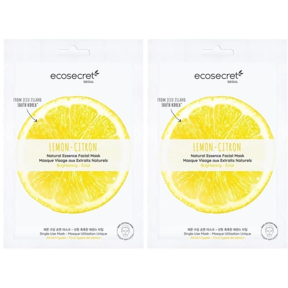Deux sachets blancs de masques pour le visage au citron. Inscription : "ecosecret", "LEMON-CITRON", "Natural Essence Facial Mask".