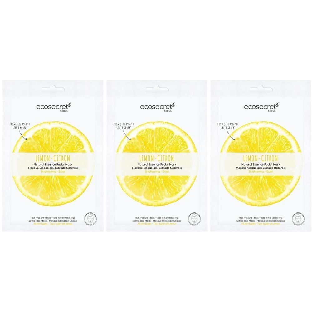 Trois masques faciaux individuels. Chaque emballage présente une tranche de citron. Inscription: ECOSECRET, Lemon-Citron, Natural Essence Facial Mask.