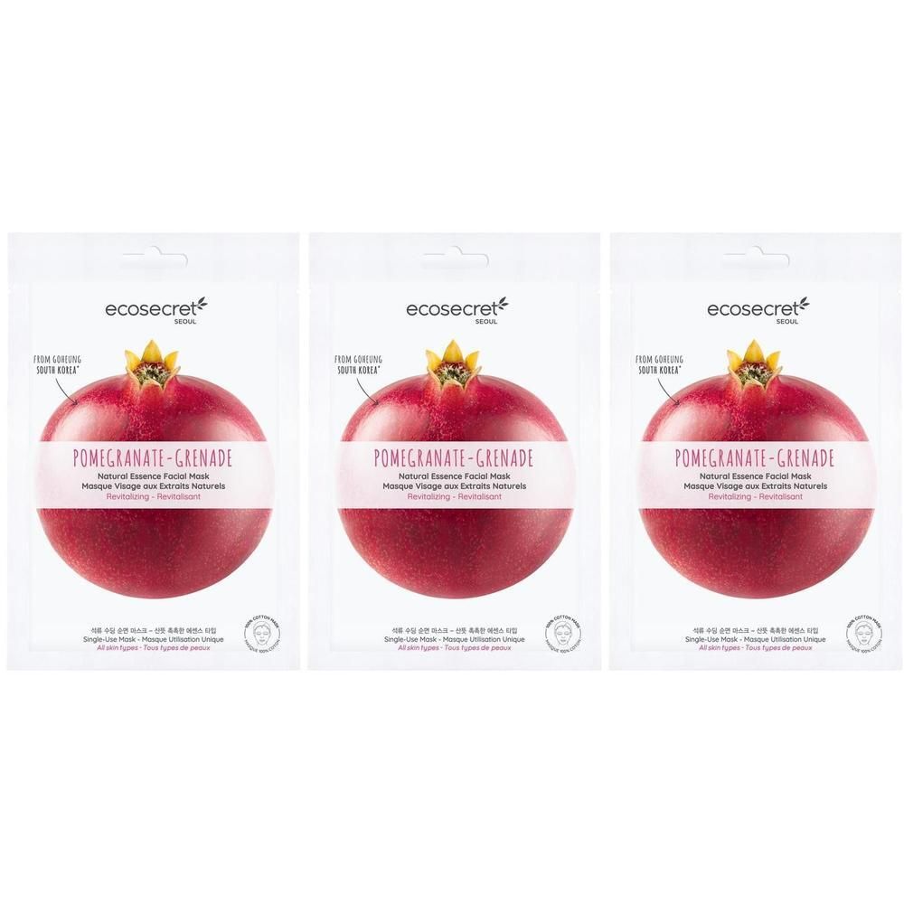 Drei Gesichtsmasken-Verpackungen. Jede zeigt eine Granatapfel-Illustration und den Schriftzug "ECOSECRET". Text: Pomegranate-Grenade.