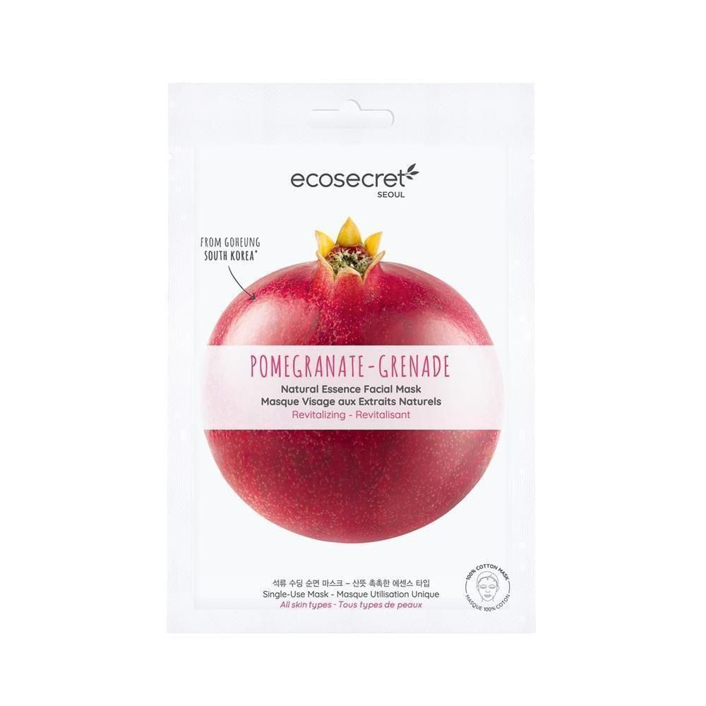 Gesichtsmaske mit Granatapfel-Motiv. Verpackung mit Produktnamen und Logo. Text: Pomegranate-Grenade, Natural Essence Facial Mask.