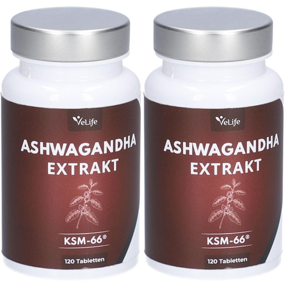 Zwei weiße Flaschen mit silbernen Deckeln. Aufschrift: Ashwagandha Extrakt, VeLife, KSM-66, 120 Tabletten. Brauner Hintergrund.