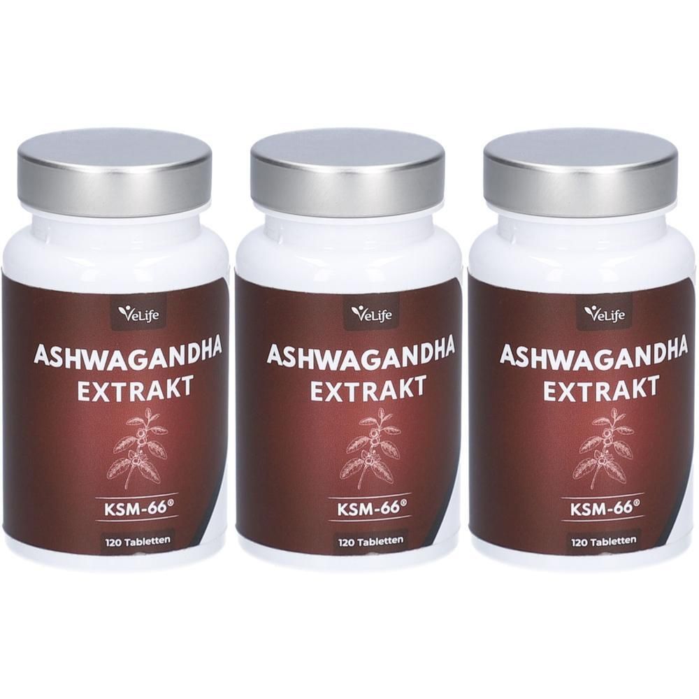 Drei weiße Flaschen mit silbernen Deckeln. Auf jeder Flasche steht "ASHWAGANDHA EXTRAKT" und "KSM-66". Unter dem Text steht "120 Tabletten".